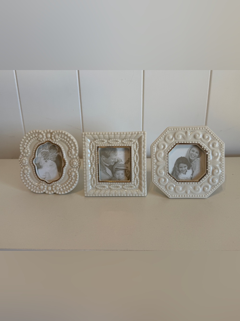 NWT Vintage Lenox Beaded Mini Picture Frames Set of 3 Ivory Porcelain Gold Trim